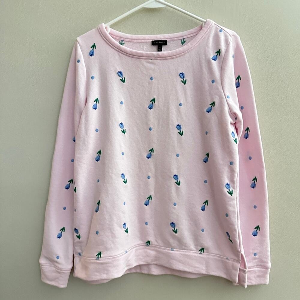Talbots Pink Embroidered Floral Tulip Crewneck Sweatshirt Womens SMALL Cottage